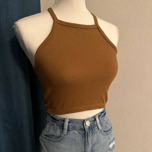 Brown Stretchy Ribbed High Racerback Neck Crop Top Tank Sleeveless Size S/M - Picture 6 of 6